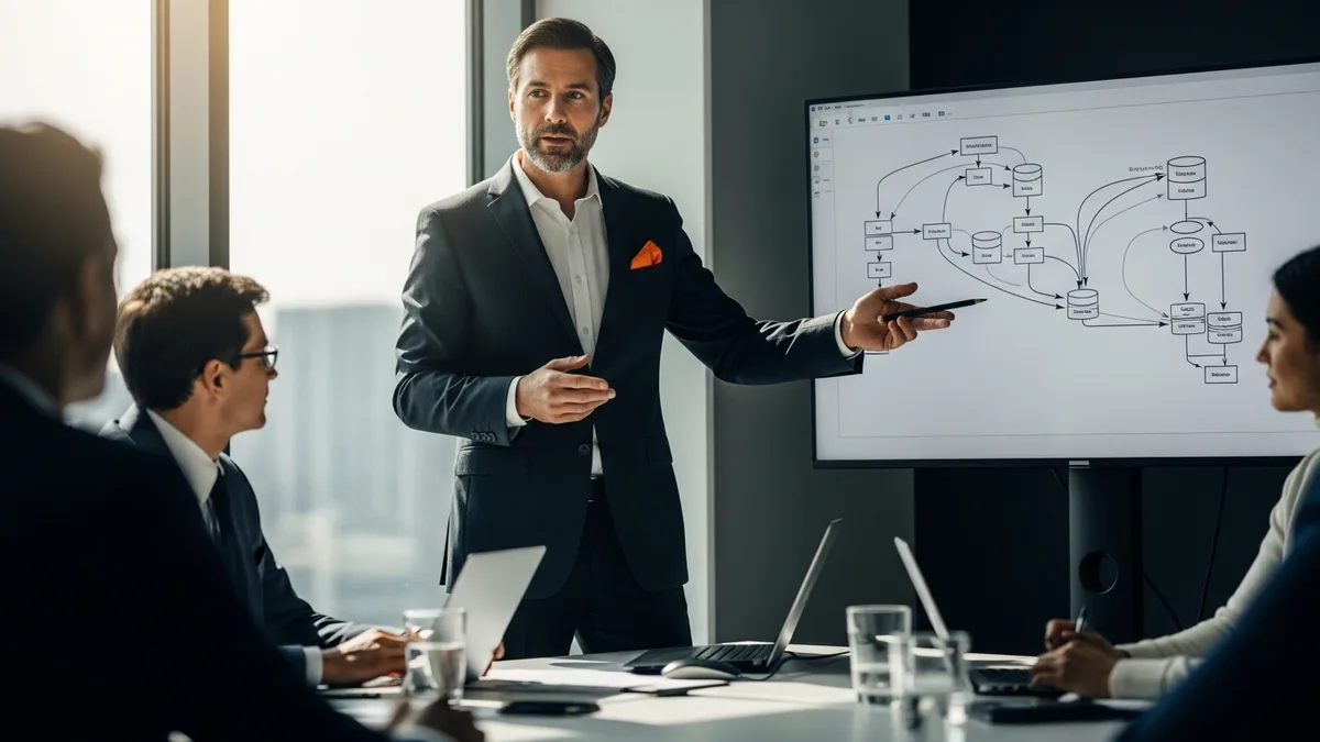 Data architect presenting database schema to team at conference table