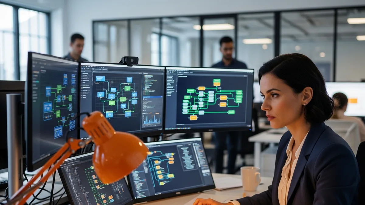 Female data architect reviewing pipeline visualization at multi-monitor workstation