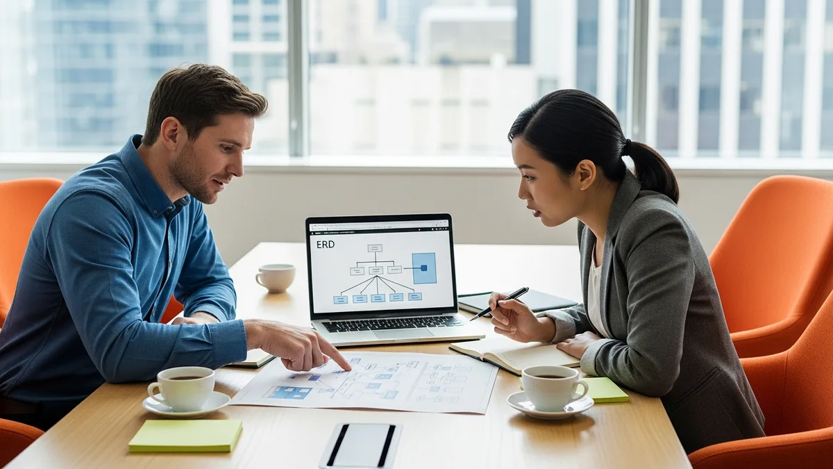 Two data architects collaborating on architecture diagrams at office table