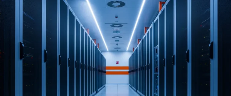 Wide view of a modern hyperscale data center server aisle with orange accent lighting — data center jobs 2026 featured image