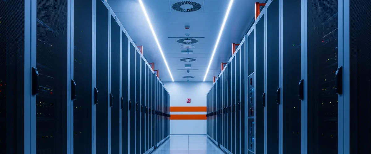 Wide view of a modern hyperscale data center server aisle with orange accent lighting — data center jobs 2026 featured image