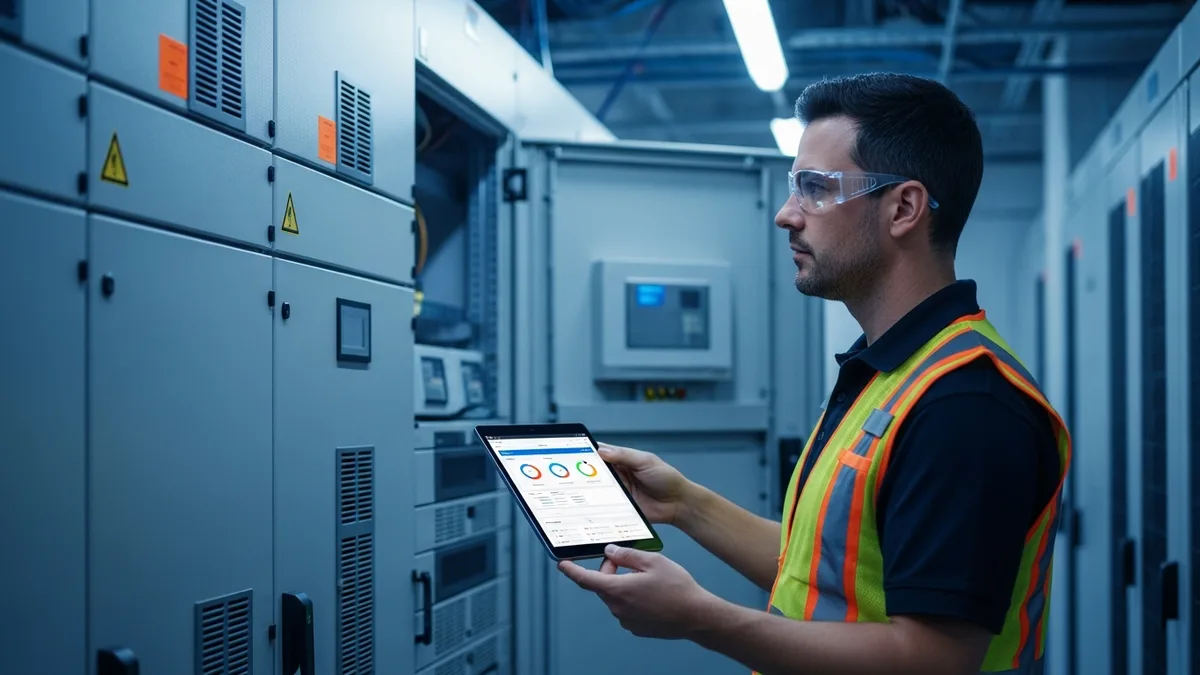 Critical environment engineer inspecting switchgear and UPS equipment inside a mission critical data center electrical room