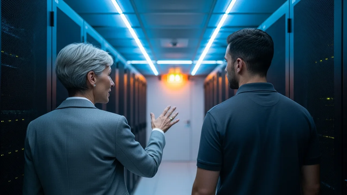 Data center manager and new hire walking through a rack aisle during an onboarding tour