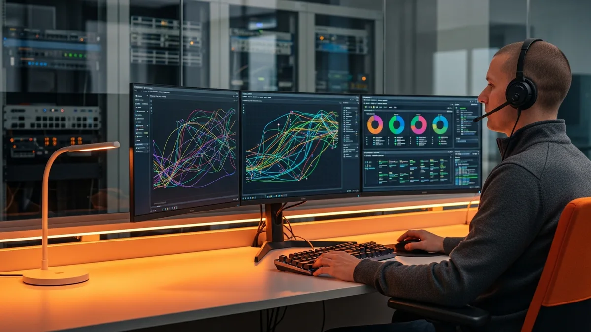 Network engineer at a NOC workstation monitoring rack-mounted switches through multiple dashboards