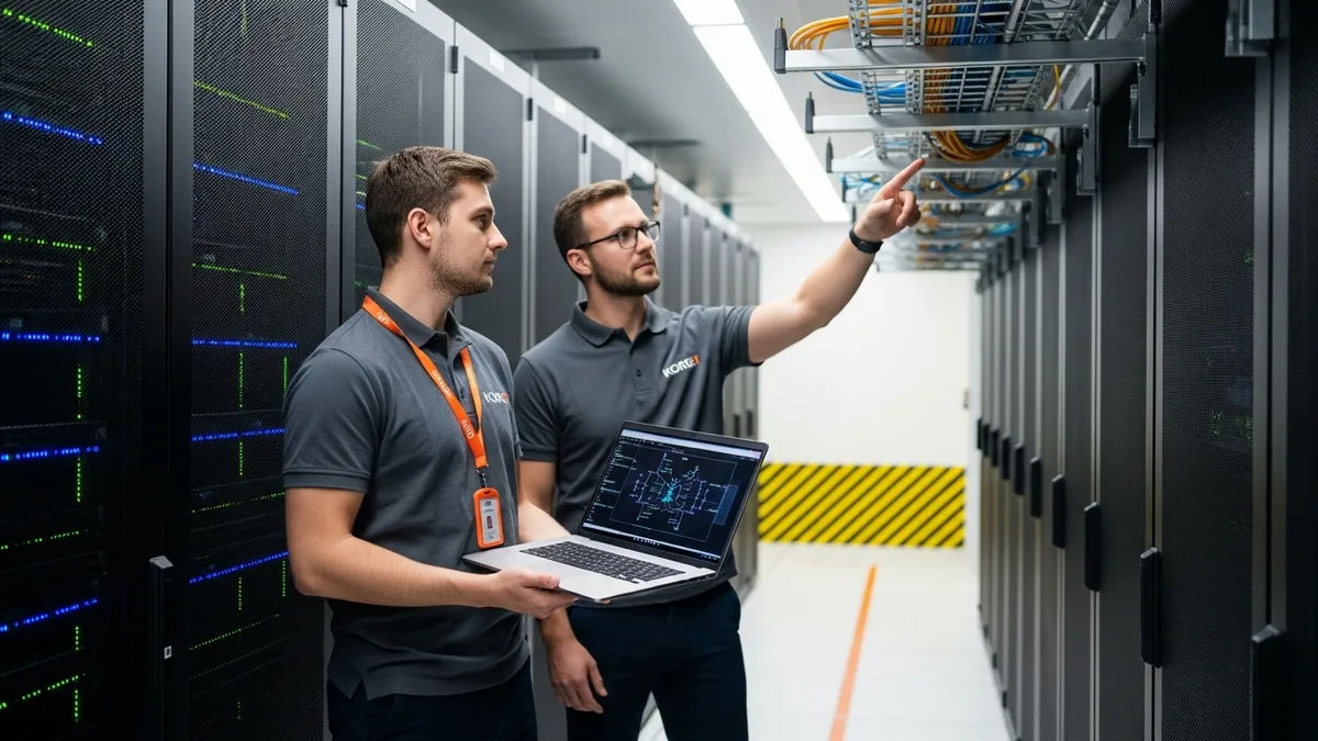 Data center technicians working in a brightly lit server hall lined with active equipment racks