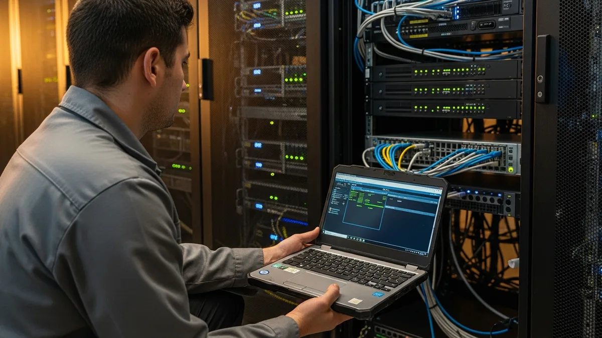 Data center technician kneeling at a rack with a diagnostic laptop
