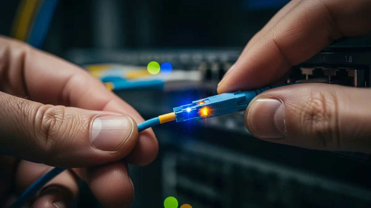 Close-up of a data center technician connecting a fiber patch cable to a switch