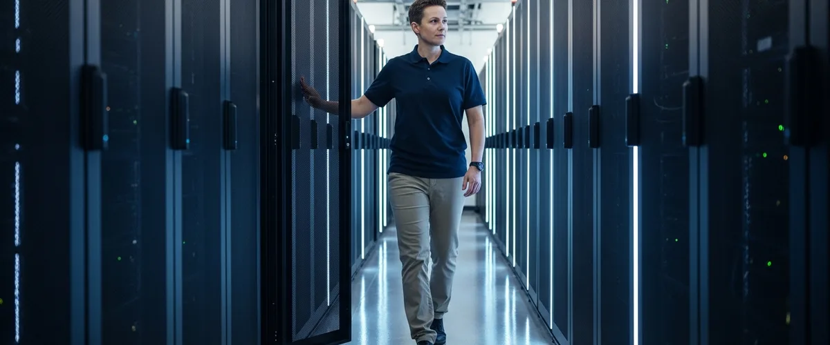 Data center technician walking a server aisle in a KORE1 hiring guide