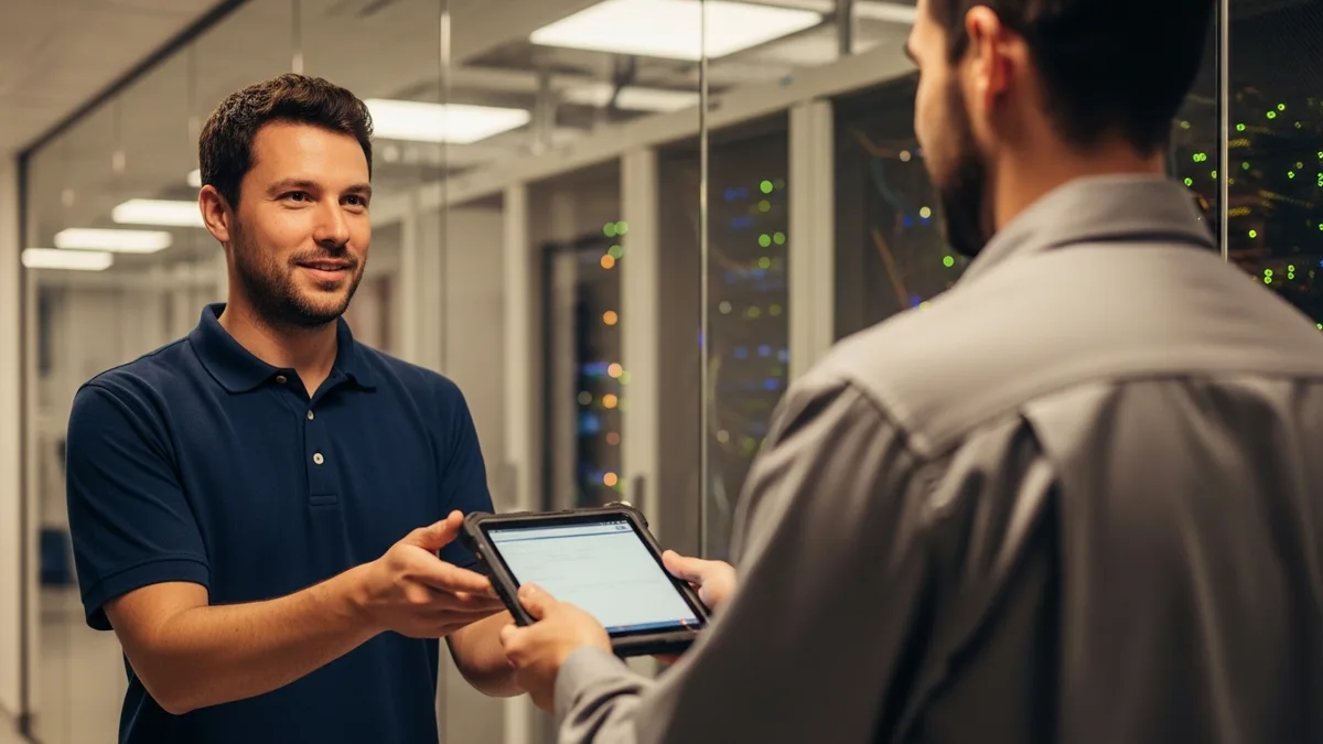 Two data center technicians at a shift change handoff outside a server room