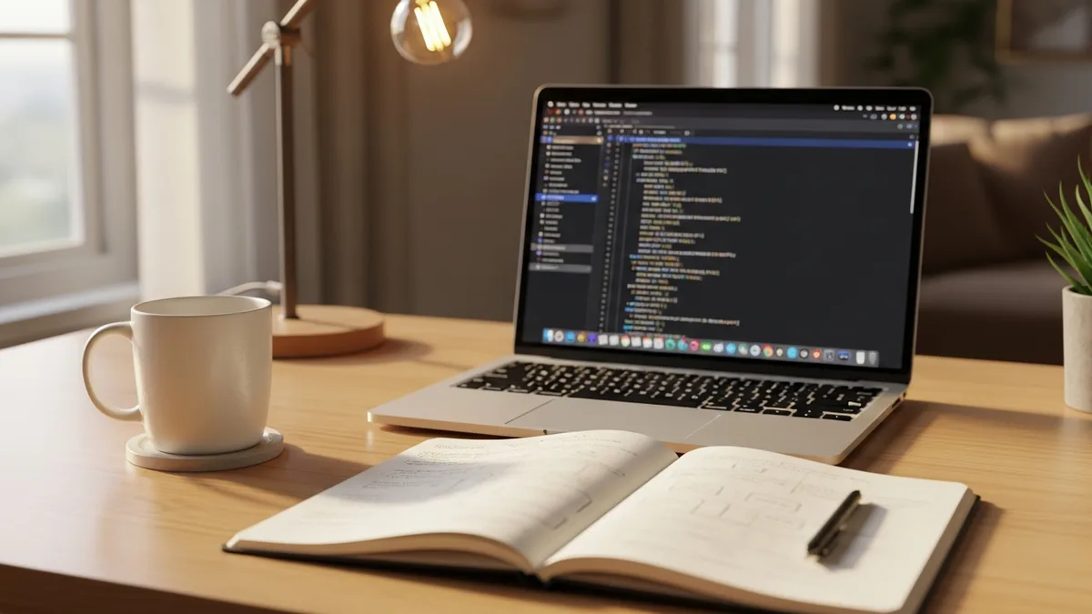 Data engineer candidate reviewing study notes on SQL window functions and pipeline design patterns at a desk with laptop and coffee