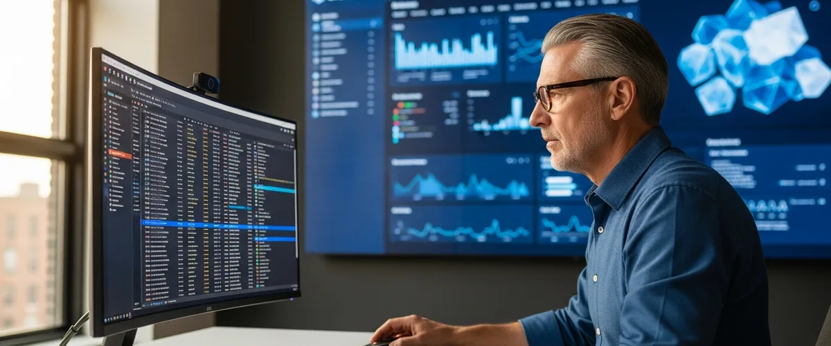 Data engineer reviewing query results on monitor for 2026 interview prep