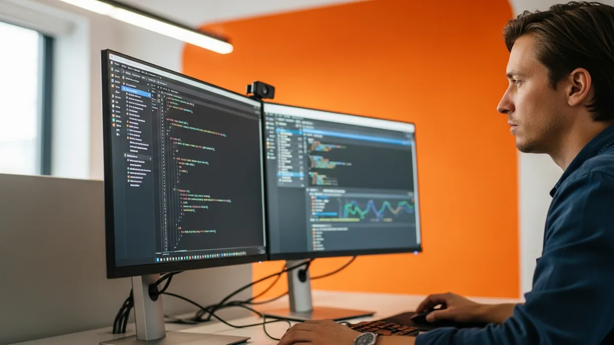 Data engineer reviewing SQL queries and pipeline diagrams on a dual-monitor workstation in a modern tech office with orange accent lighting