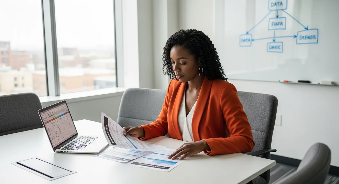 Hiring manager reviewing data engineer job description template documents in a conference room