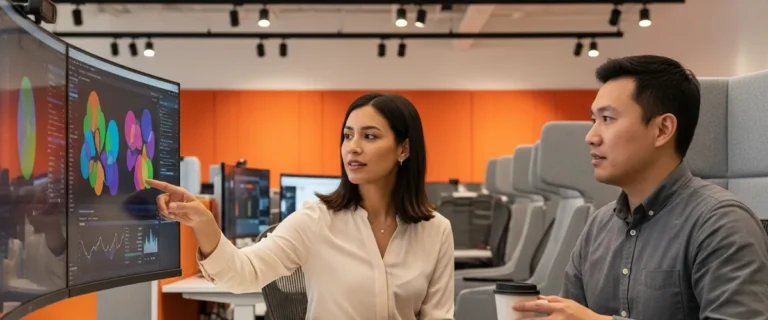 Two data engineers collaborating on data pipeline architecture and analytics in a modern tech office