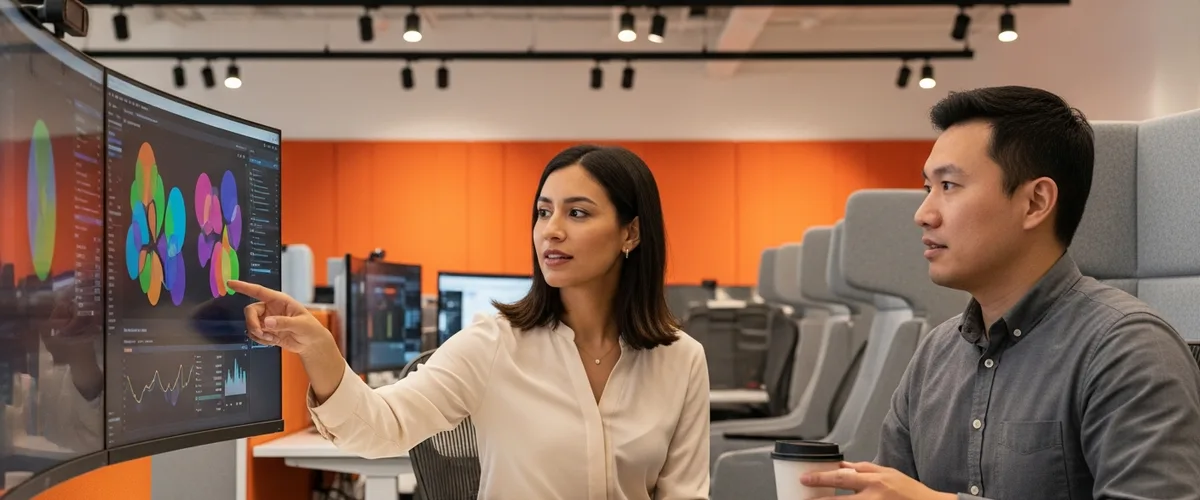 Two data engineers collaborating on data pipeline architecture and analytics in a modern tech office