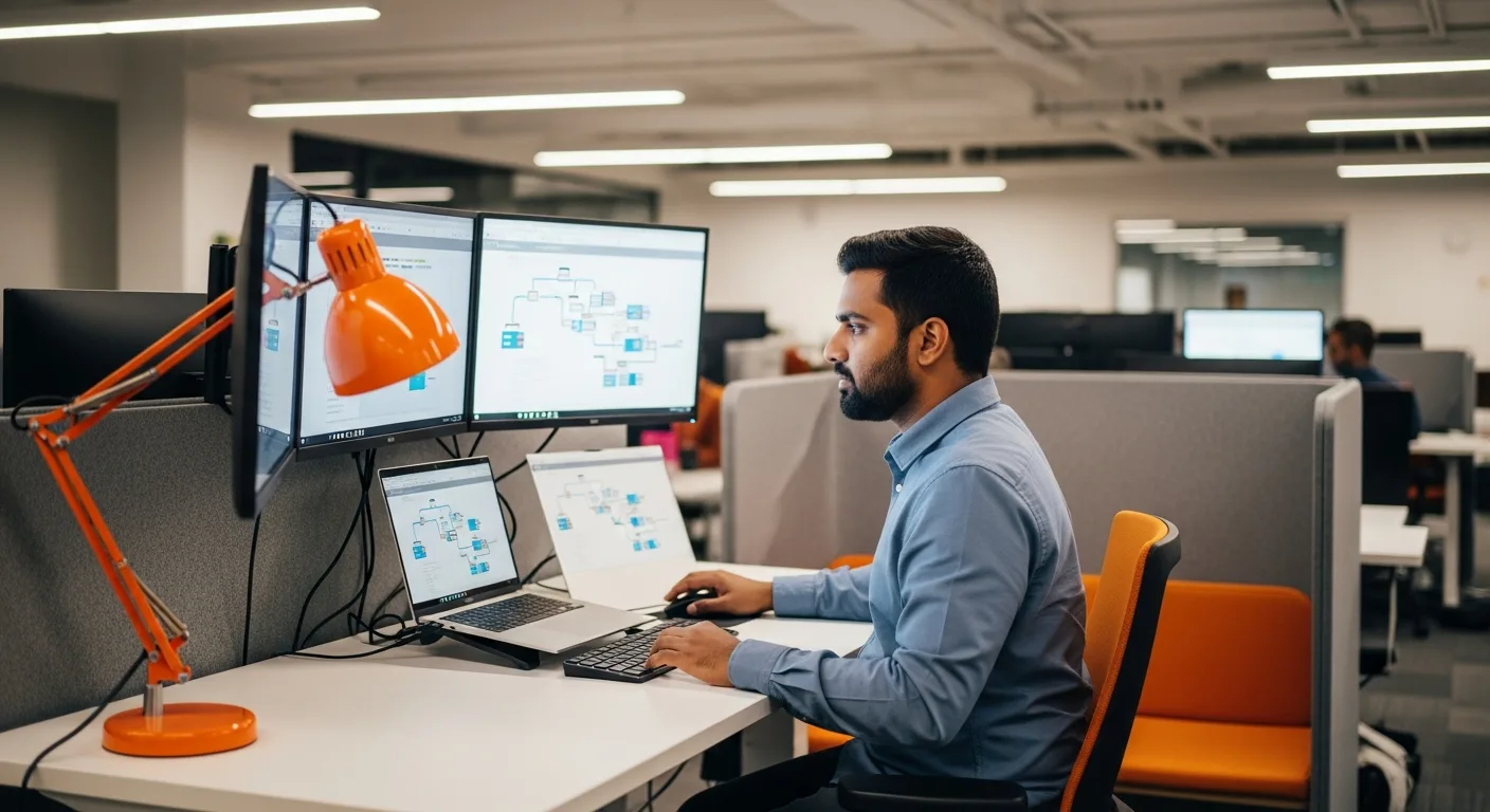 Data engineer reviewing Snowflake and Databricks pipeline architecture on multiple monitors in a modern tech office