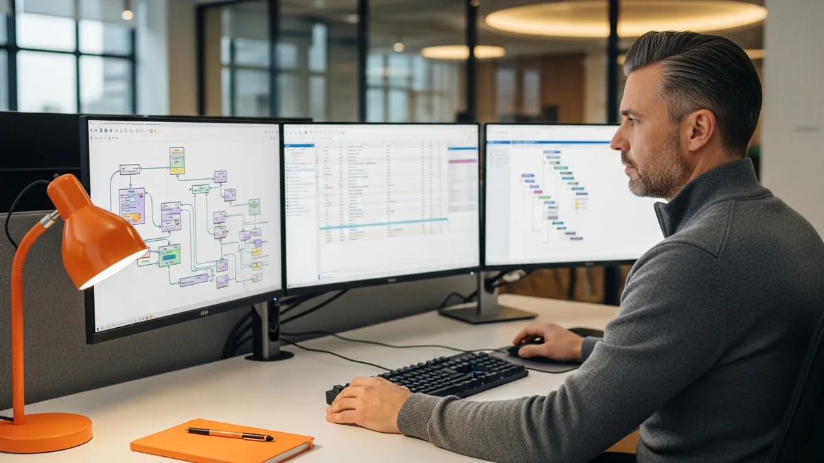 Senior data engineer reviewing pipeline DAGs and SQL queries on a multi-monitor workstation