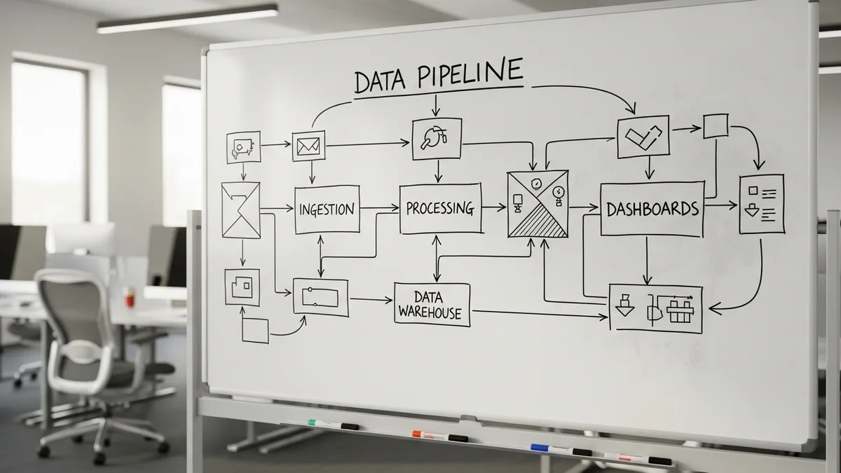 Whiteboard with data pipeline architecture diagram showing source systems flowing into a cloud data warehouse during a system design interview