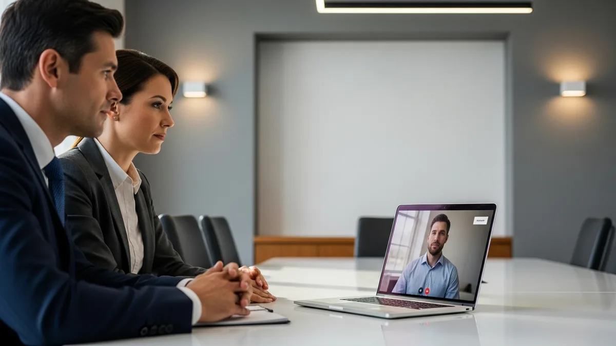 Data engineer candidate explaining a system design diagram during a video interview with multiple panel members visible on screen