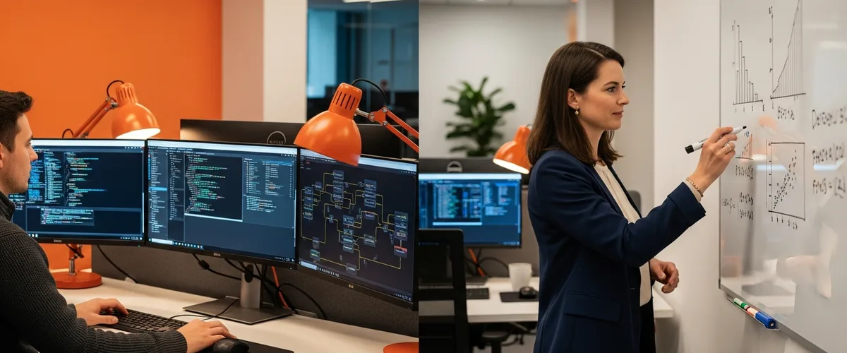 Data engineer and data scientist working side by side in a modern tech office, comparison of the two roles for hiring managers