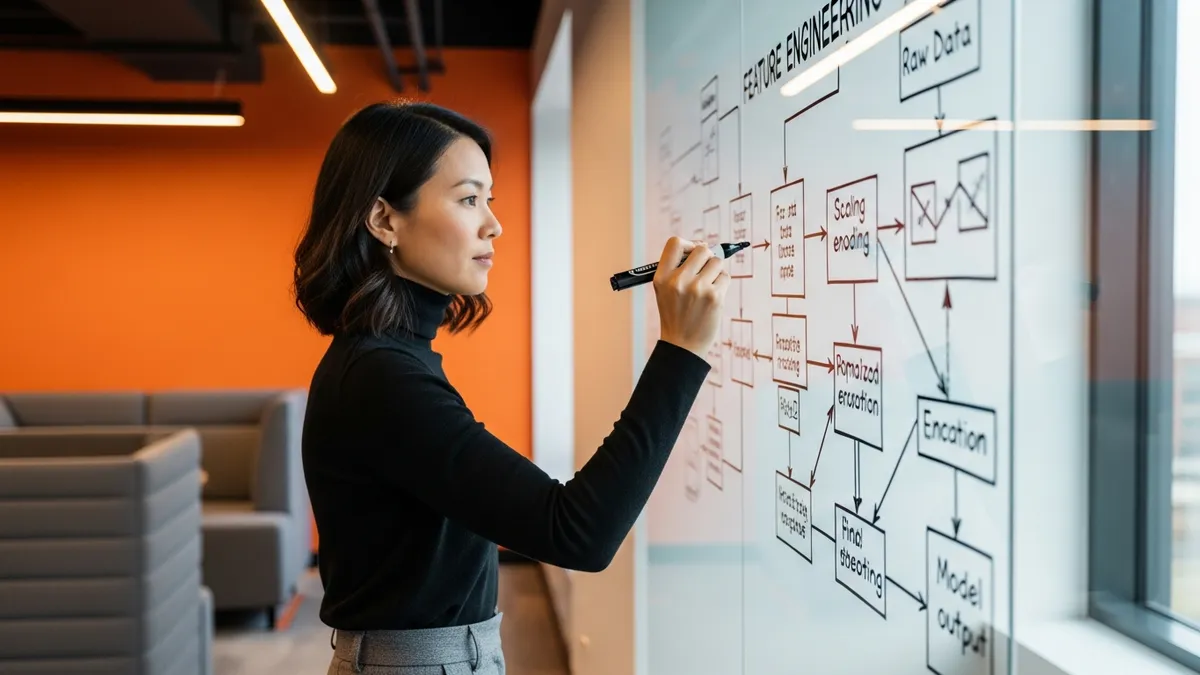 Data scientist diagramming feature engineering on a whiteboard