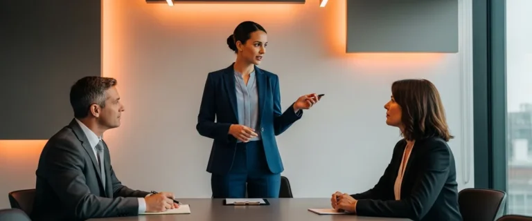 Data scientist presenting to hiring panel during interview in modern conference room, representing data scientist interview process 2026