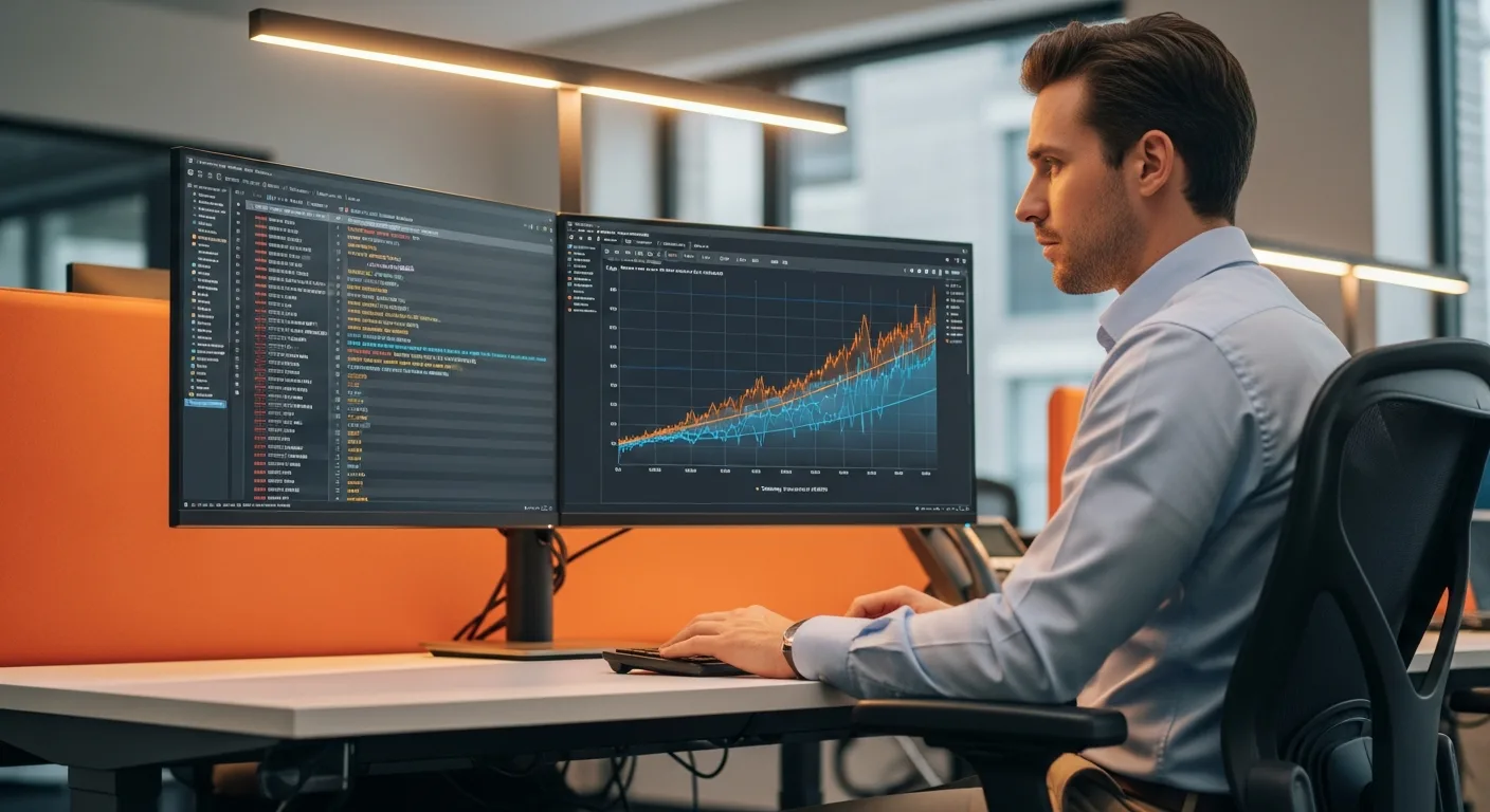 Data scientist at dual monitors reviewing Python code and machine learning model accuracy metrics in a modern tech workspace