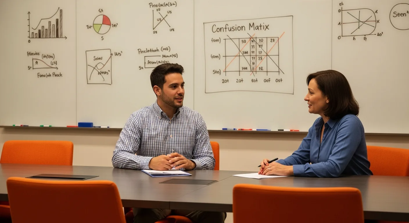 Data scientist candidate presenting whiteboard statistical analysis to hiring manager during data science technical interview