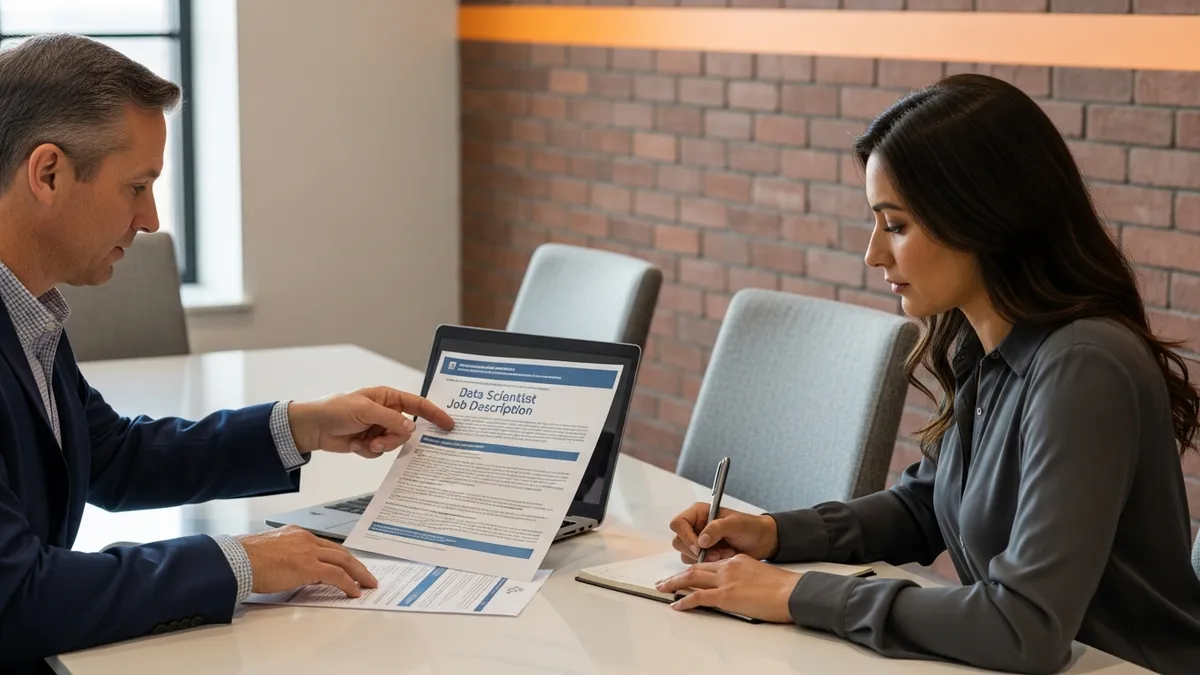 Hiring manager reviewing a data scientist job description on a laptop