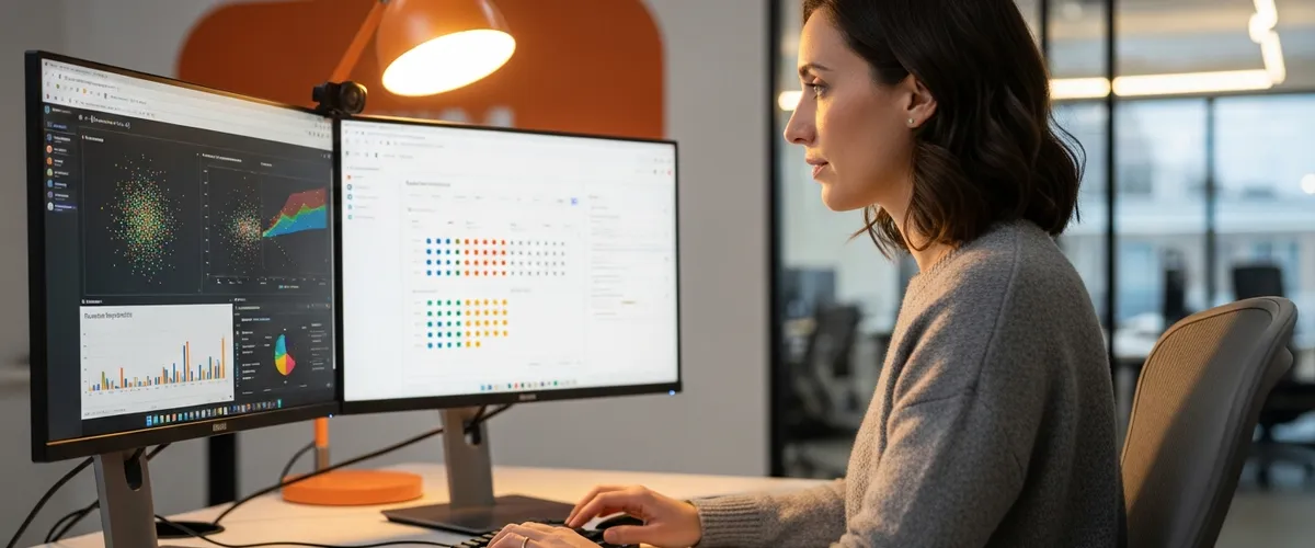 Data scientist at dual-monitor workstation reviewing a Jupyter notebook and a model evaluation dashboard with confusion matrix