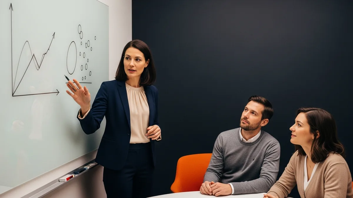 Data scientist presenting predictive model results to colleagues at a whiteboard in a small conference room