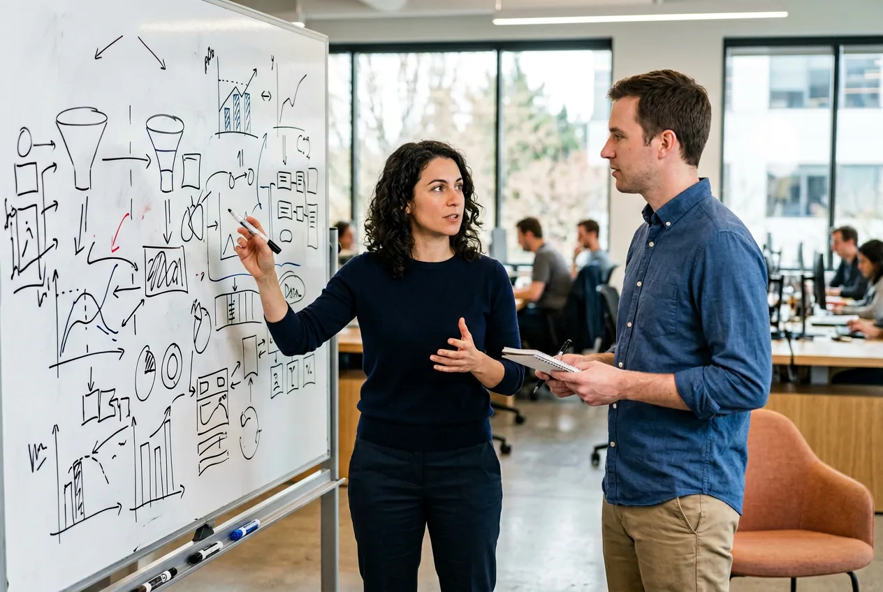 Applied data scientist whiteboarding A/B test design and forecasting model rollout plan with product team