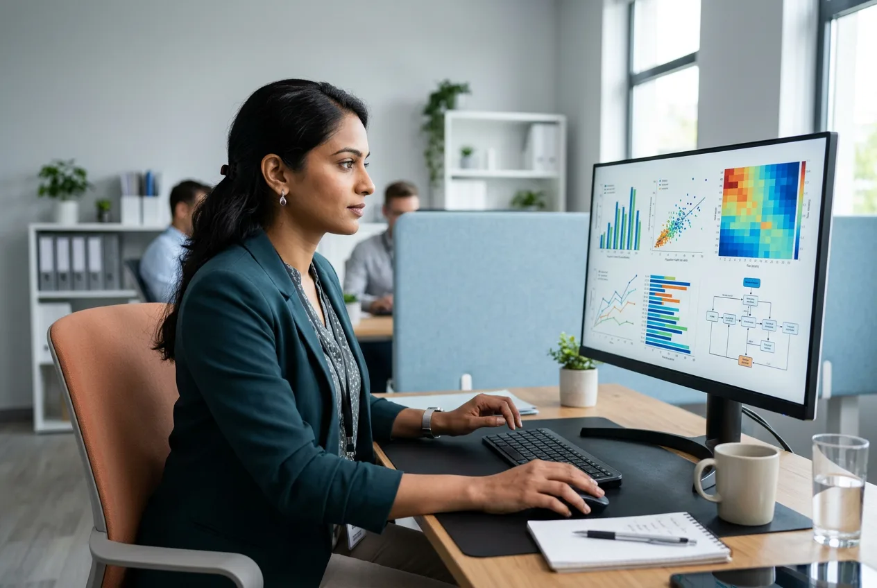 Healthcare data scientist reviewing population health risk model output with EHR data and HEDIS metrics on screen