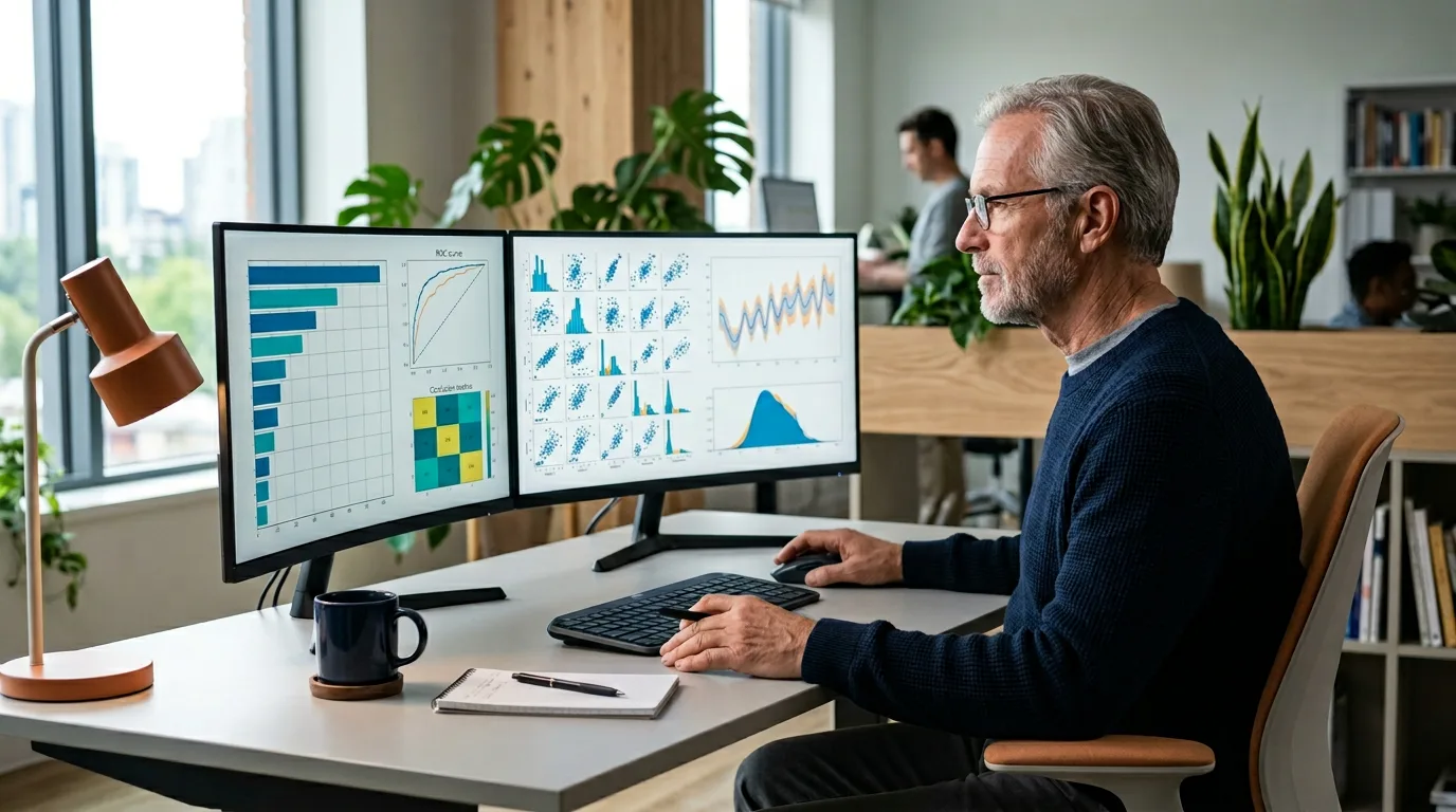 Senior data scientist reviewing model evaluation metrics and feature importance plots on dual monitors, KORE1 data scientist staffing
