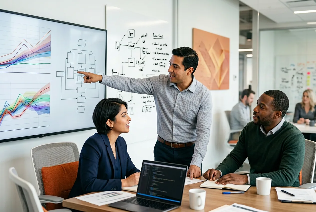 Data scientist team reviewing forecasting model output and feature pipeline diagram in working session