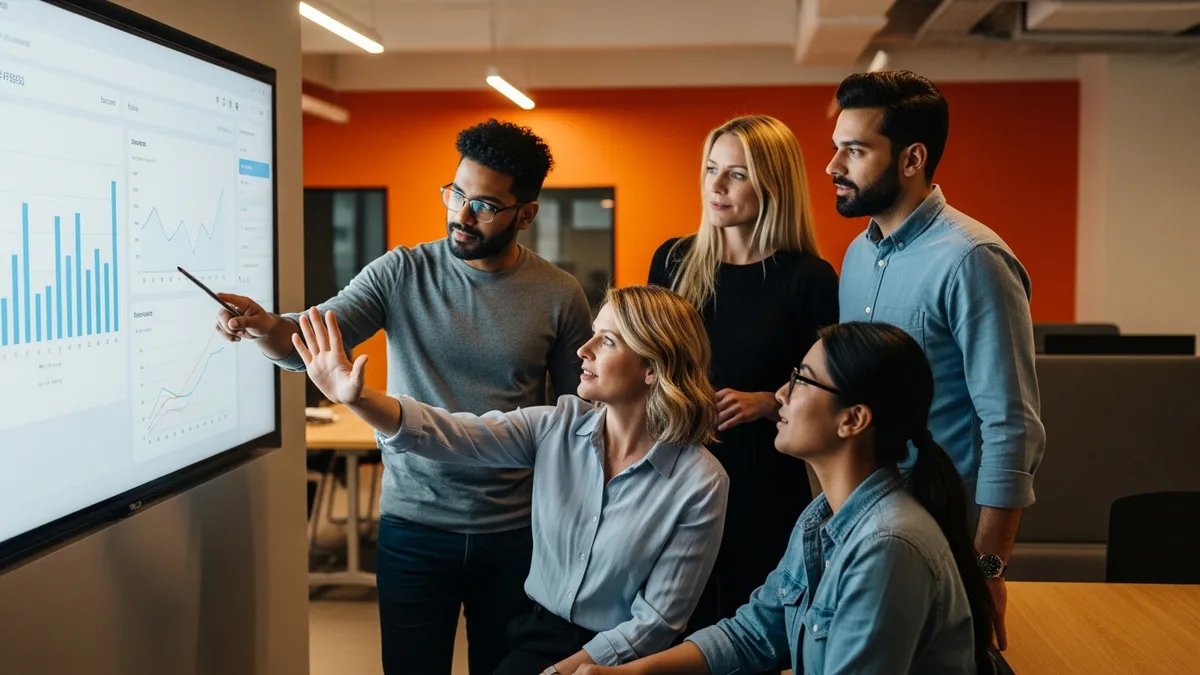 Small data team collaborating around a wall display showing a dashboard