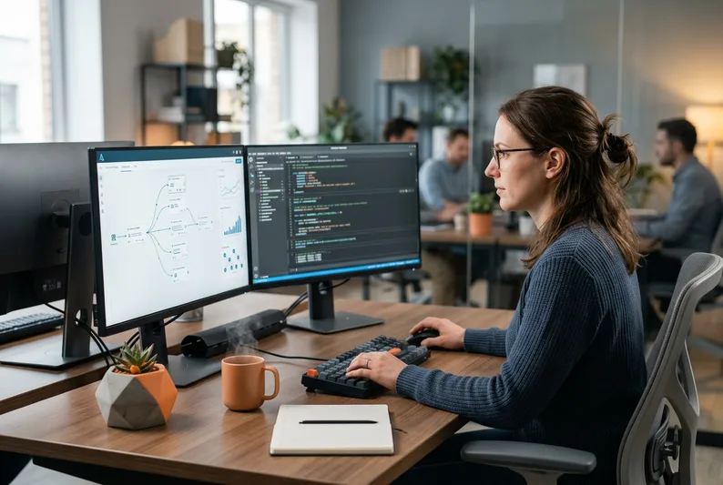 Databricks data engineer reviewing Delta Live Tables pipeline and PySpark notebook on dual monitors