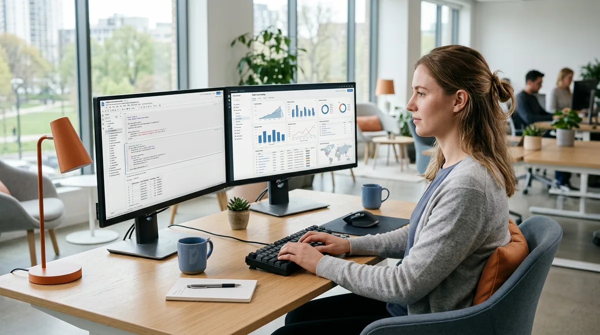 Databricks engineer reviewing PySpark notebook and Delta Lake catalog at modern workstation, KORE1 Databricks engineer staffing