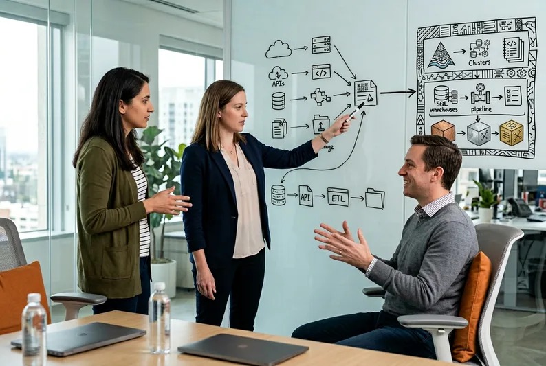 Data team planning Databricks migration from legacy Hadoop and EMR architecture, lakehouse design diagrams on whiteboard