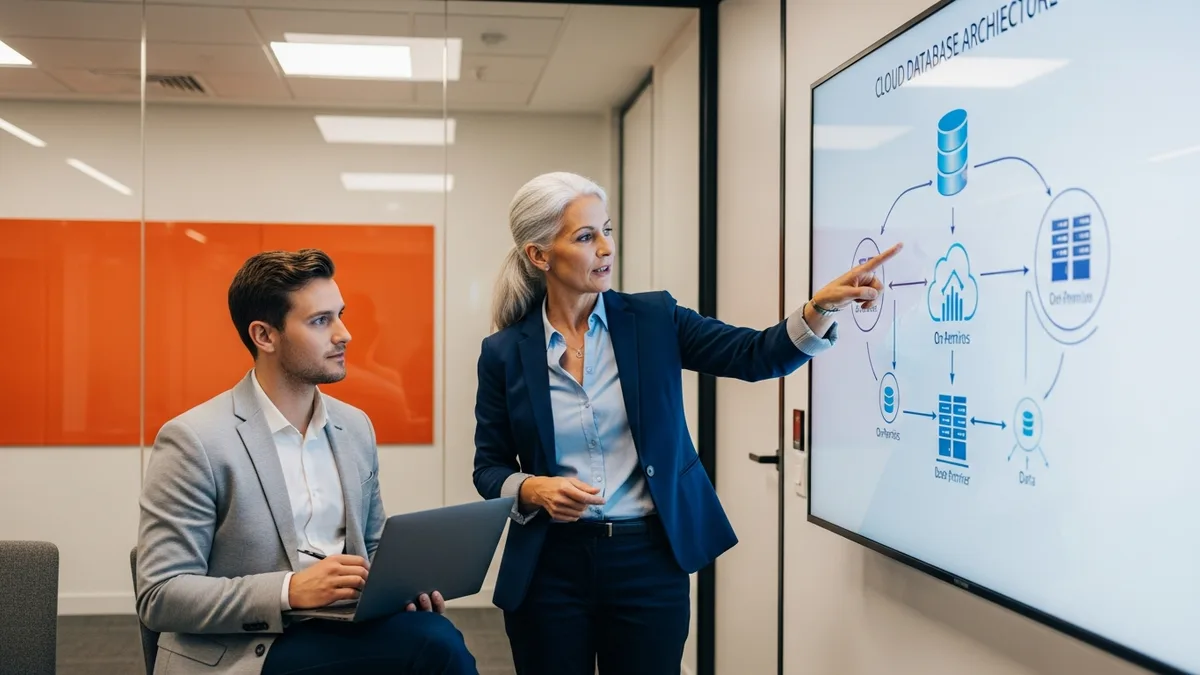 Senior DBA and colleague reviewing cloud database migration architecture on conference room display