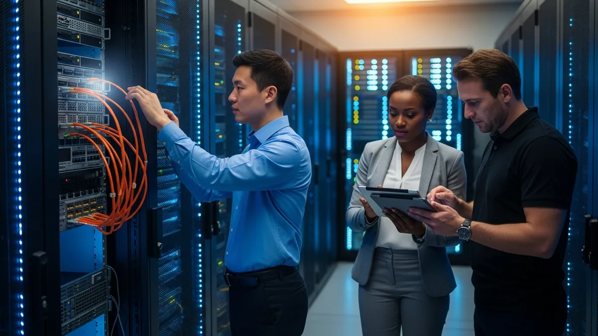 IT team collaborating in server room with database infrastructure and rack-mounted servers