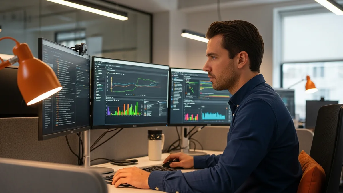 Database administrator reviewing SQL query performance dashboards at dual-monitor workstation