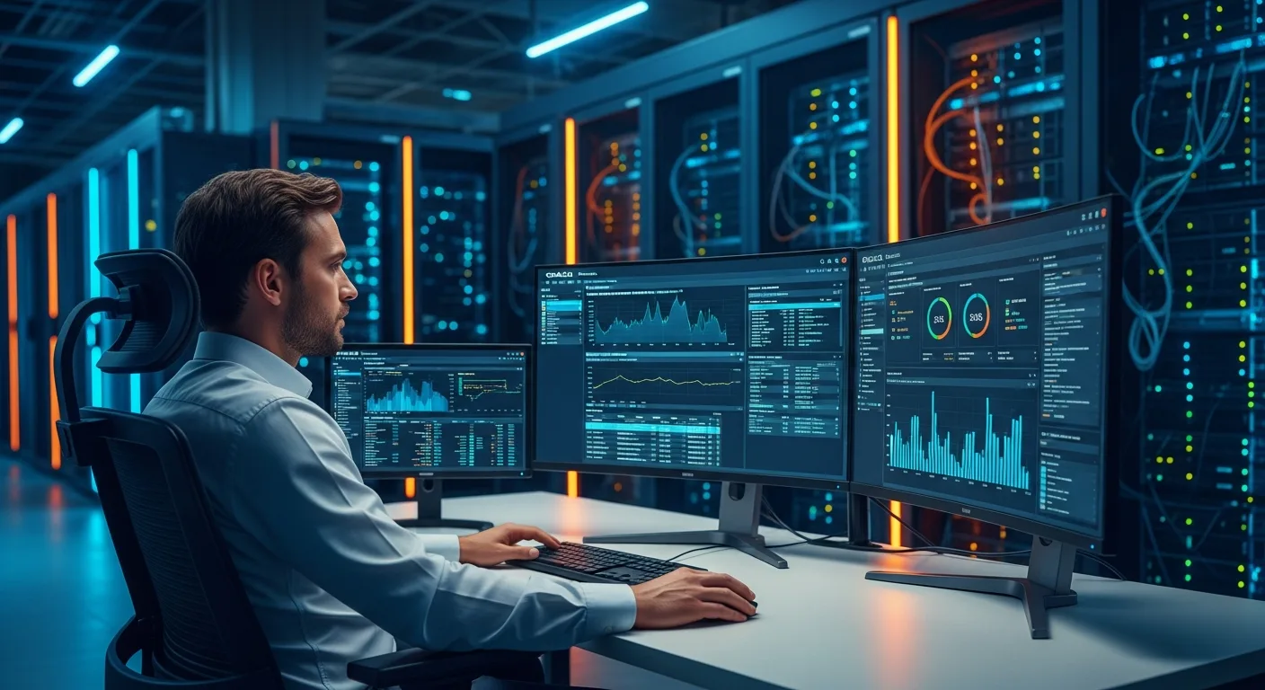 Database administrator monitoring Oracle and SQL Server performance dashboards on multiple screens in a modern data center