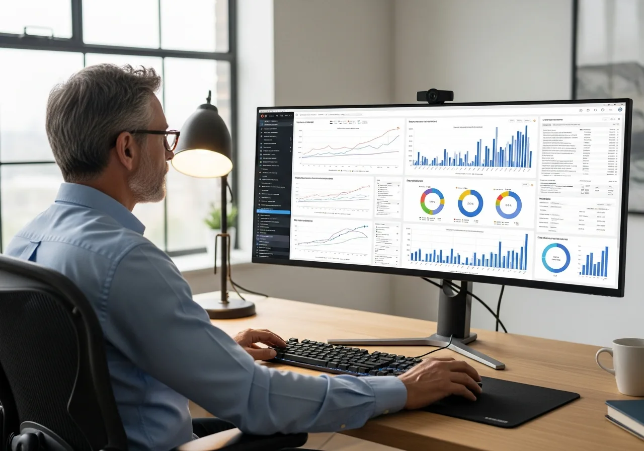 Senior database administrator reviewing query performance metrics and optimization reports at a workstation