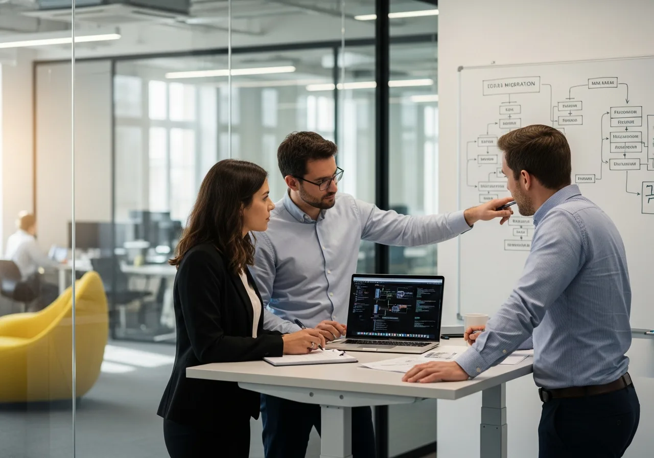 Database team reviewing migration plan and performance benchmarks in a collaborative workspace