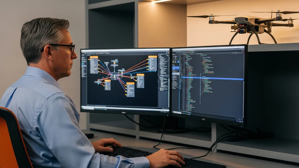Defense tech software engineer at workstation reviewing autonomous drone control software in a modern lab environment