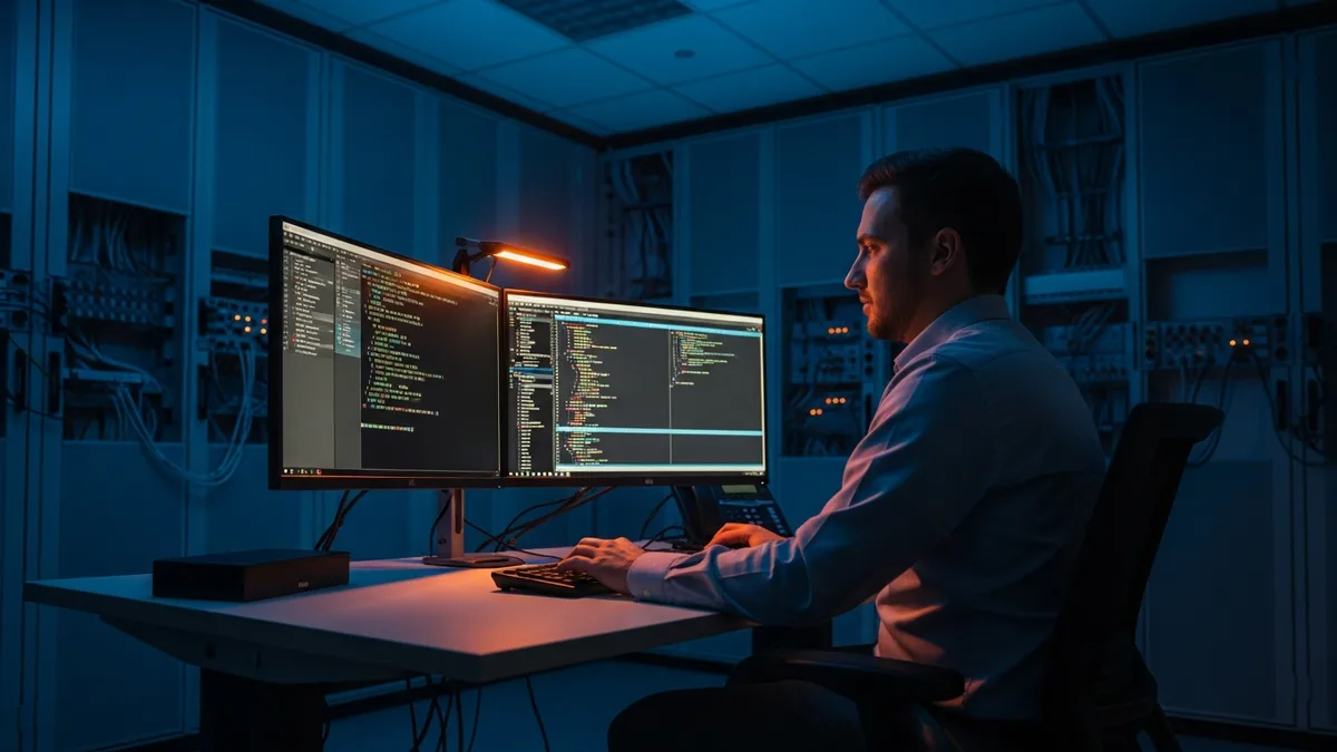 Cleared software engineer reviewing classified autonomous systems code at a SCIF-style secured workstation
