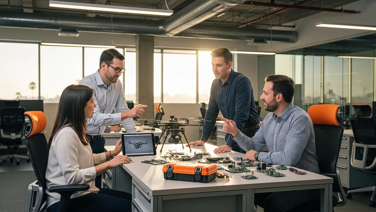 Defense tech engineering team collaborating in an El Segundo office with autonomous systems prototypes visible on workbenches