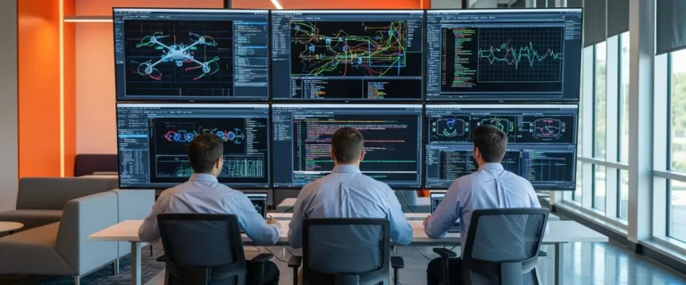 Defense technology engineering team viewing autonomous drone control software in a modern Southern California defense tech office