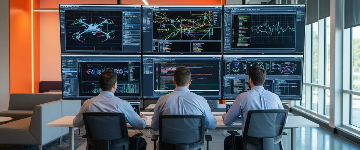 Defense technology engineering team viewing autonomous drone control software in a modern Southern California defense tech office